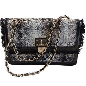 Anne Klein-Lion Lady Black & White Tweed Flap Shoulder/Crossover Bag